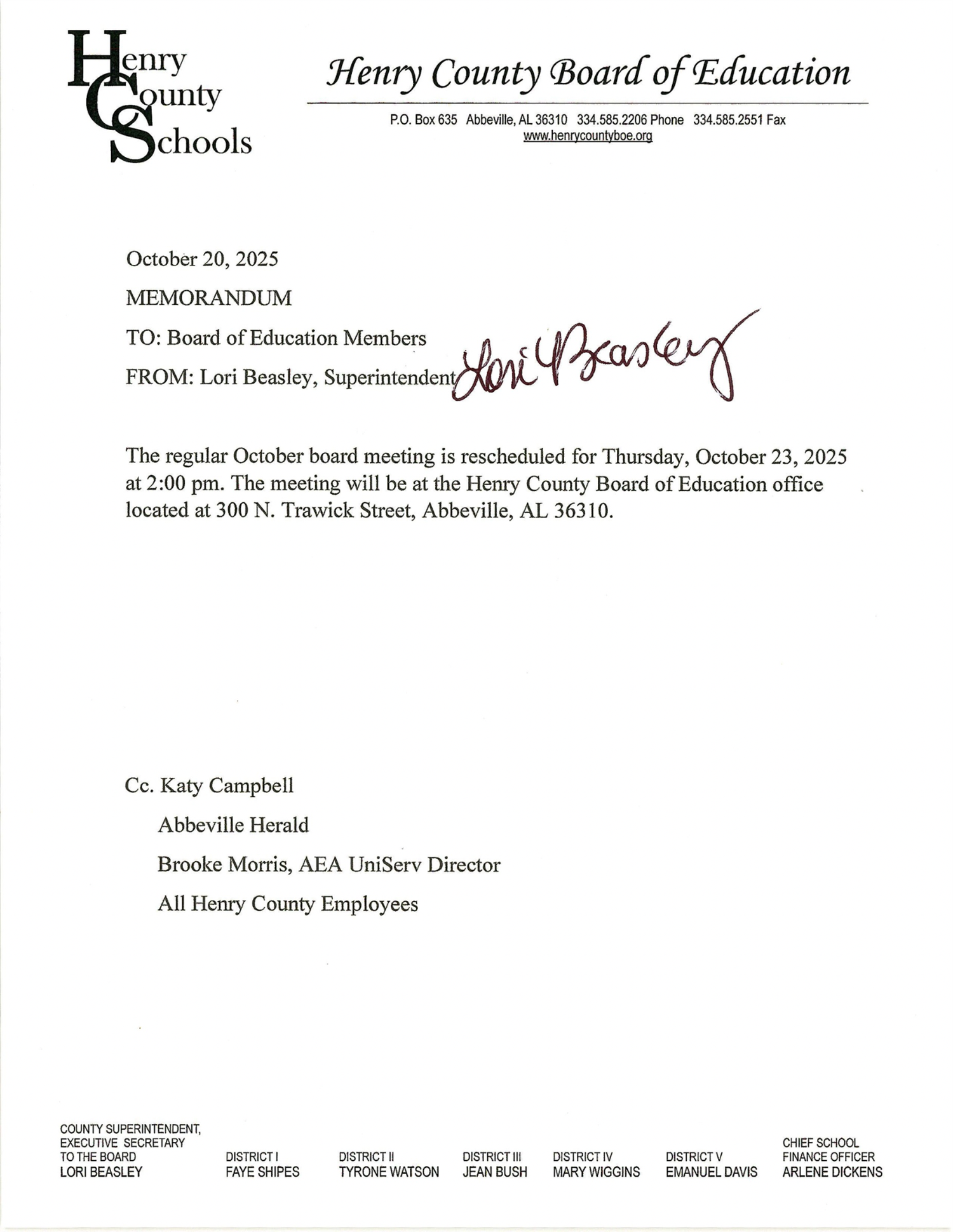 October Board meeting Rescheduled Date and Time announcement flyer